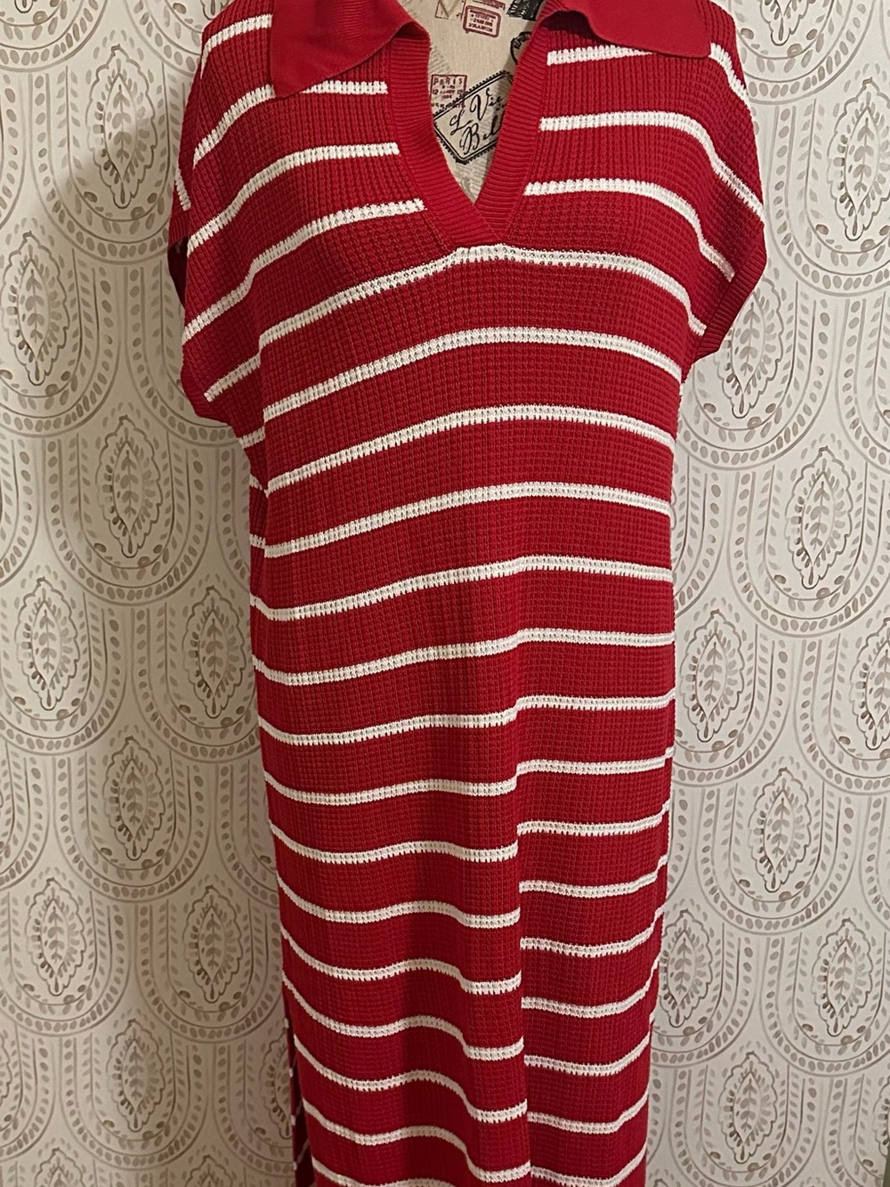 Red & White Striped V-Neck Knit Maxi Dress